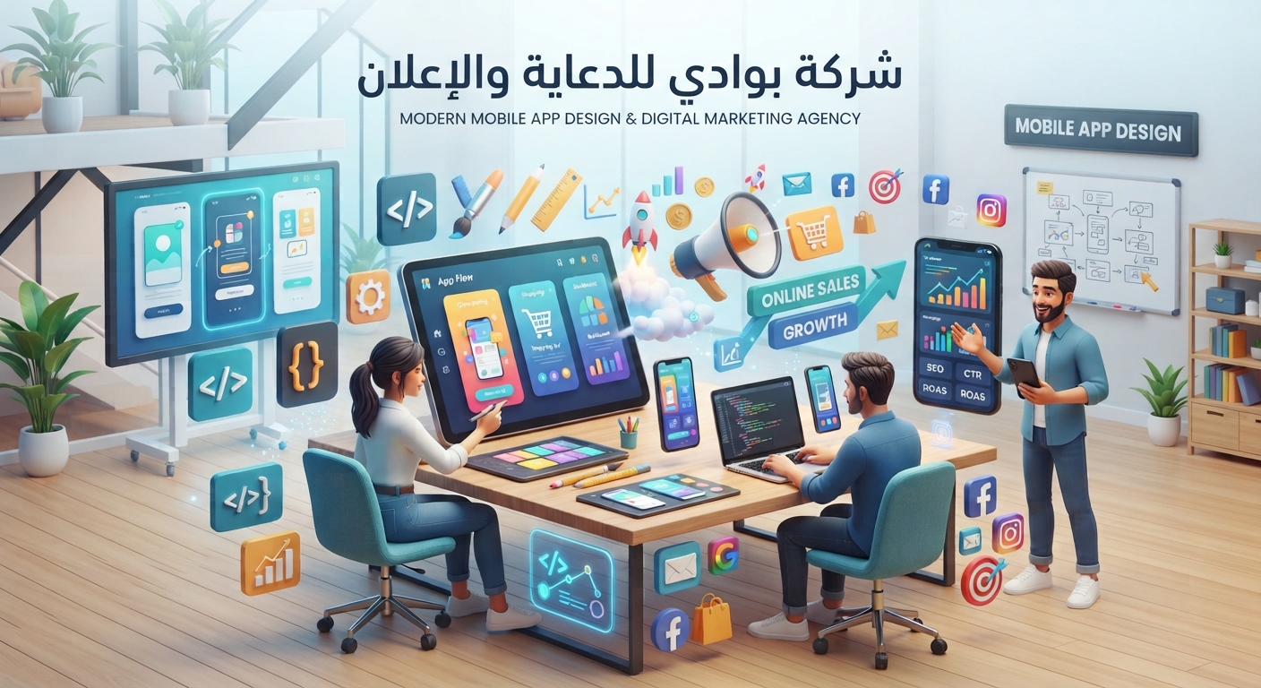 خدمات شركة بوادي: تطبيقات الجوال، التسويق الإلكتروني، الدعاية والإعلان